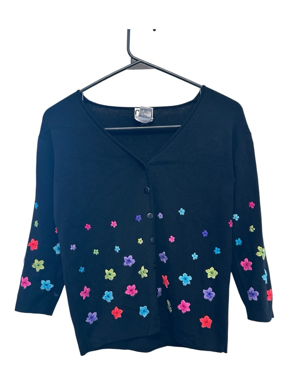 Vintage Y2K Clio Black Button-Front Cardigan with Multicolor Floral Embroidery S